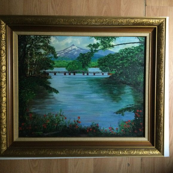 Original art painting landscape mountain bridge river flowers framed signed - Picture 3 of 8